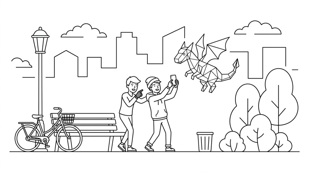 Black-and-white line illustration: a minimal Notion-style scene representing ar games like pokemon go worth playing.