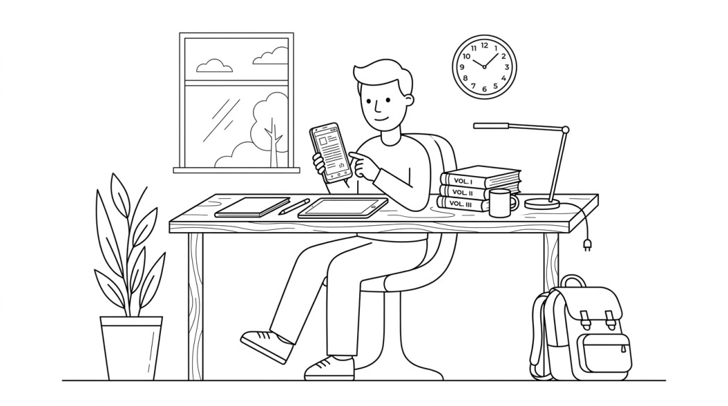 Black-and-white line illustration: a minimal Notion-style scene representing 7 best essay writing apps for android (legit).