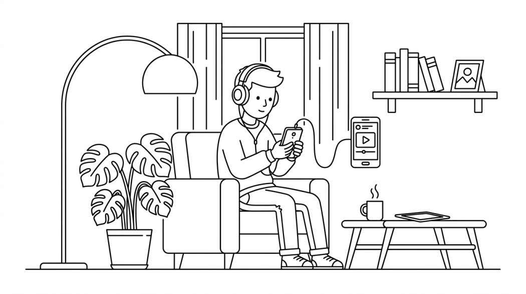 Black-and-white line illustration: a minimal Notion-style scene representing where to actually get audiobooks on android.