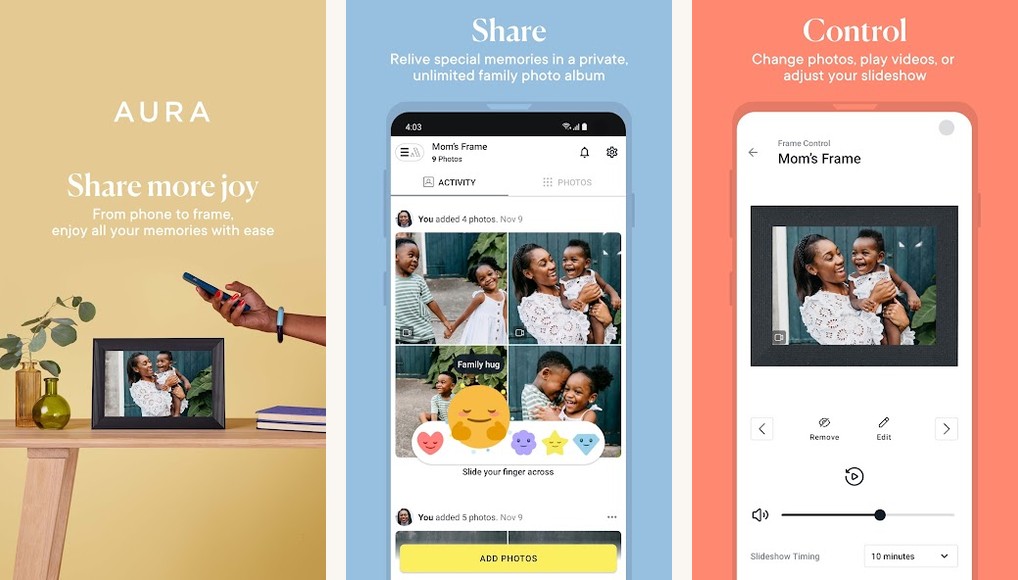 Aura Frames companion app screenshots on Android