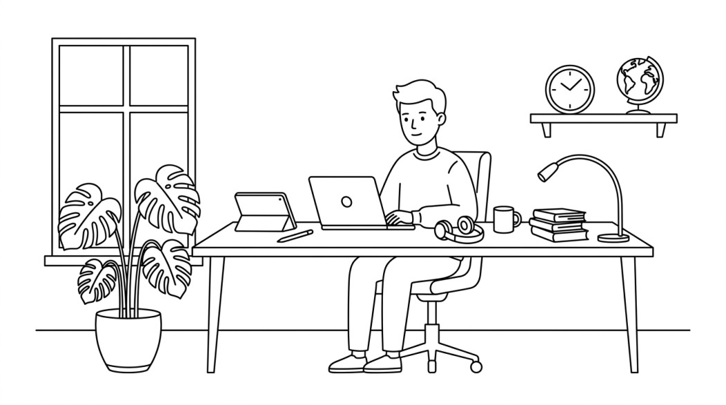 Black-and-white line illustration: a minimal Notion-style scene representing best online learning tools for a better learning experience.