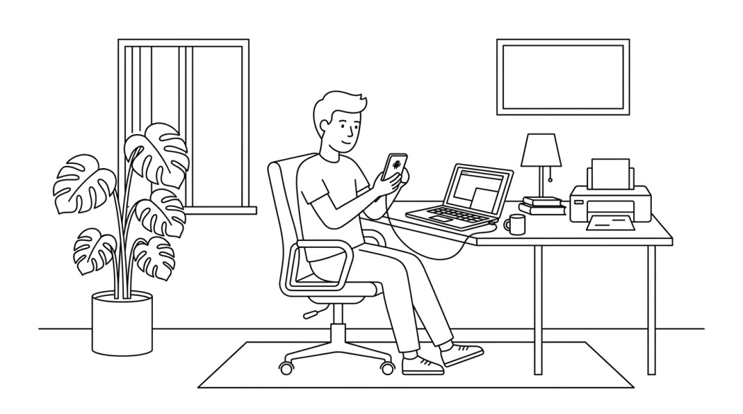 Black-and-white line illustration: a minimal Notion-style scene representing how to back up android text messages (and print them when needed).