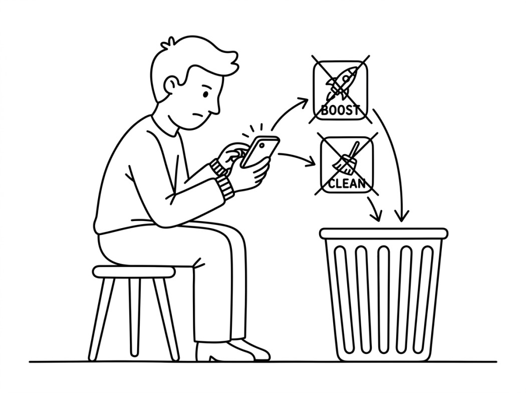 Black and white line illustration representing the skip list: cleaners, boosters, and false claims.