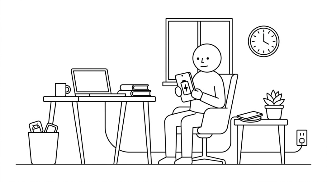 Black-and-white line illustration: a minimal Notion-style scene representing the best battery saver apps for Android and the ones to skip.
