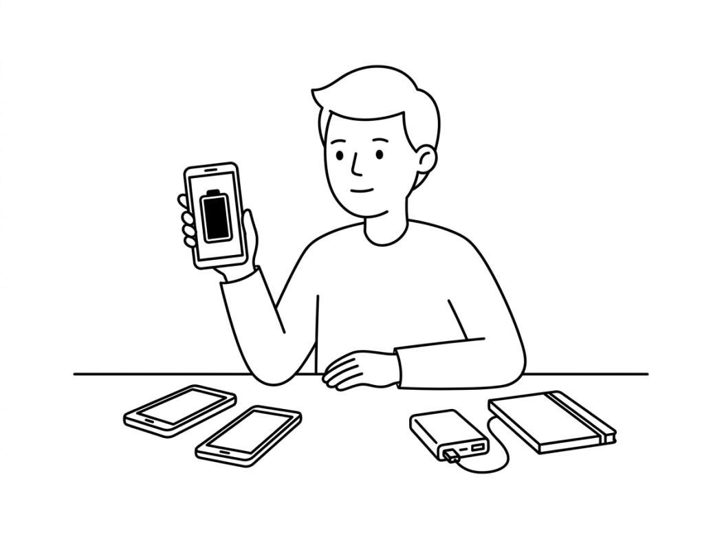 Black and white line illustration representing pick a phone that lasts a full session.