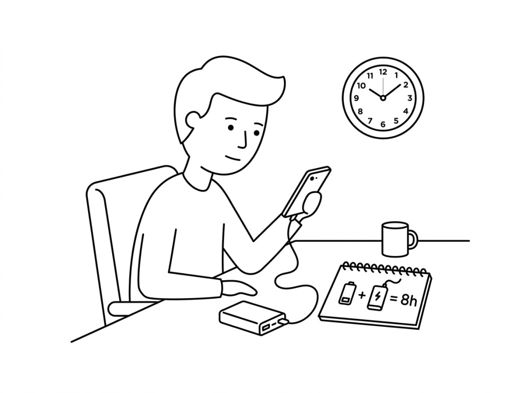 Black and white line illustration representing realistic battery math for a long session.