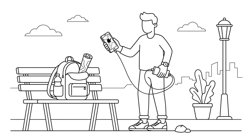 Black and white line illustration of a phone on a long Pokemon GO walk with a battery indicator.