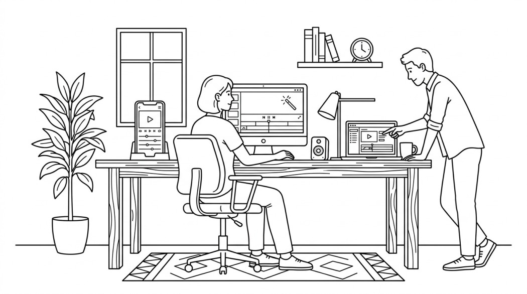 Black-and-white line illustration: a minimal Notion-style scene representing 10 best ai video editing tools worth using (mobile, desktop, web).