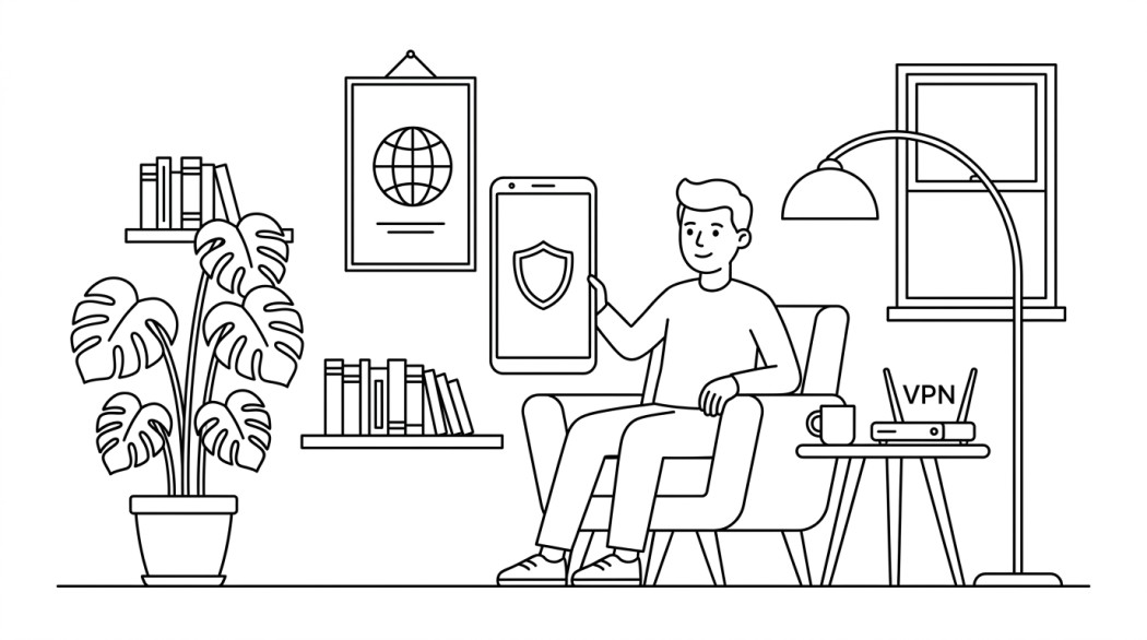 Black-and-white line illustration: a minimal Notion-style scene representing 10 android vpns worth installing in 2026.