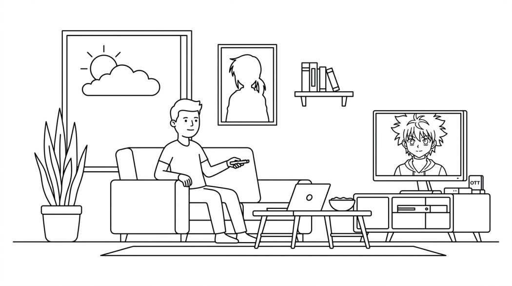 Black-and-white line illustration: a minimal Notion-style scene representing best legal sites to watch dubbed anime.