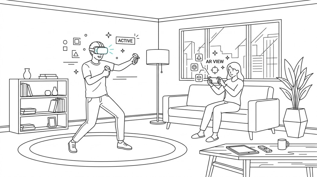 Black-and-white line illustration: a minimal Notion-style scene representing 10 best ar and vr games to play (quest, vision pro, and android ar picks).