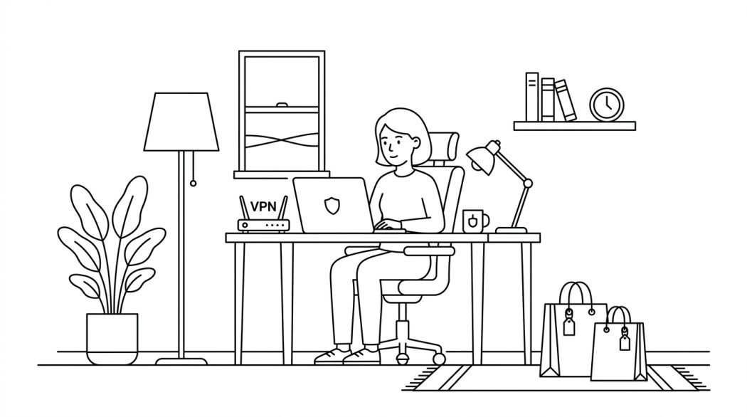 Black-and-white line illustration: a minimal Notion-style scene representing best black friday and cyber monday vpn deals of 2026.