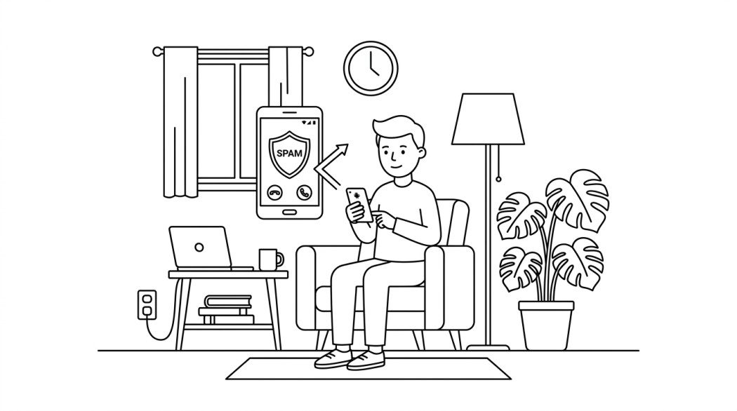 Black-and-white line illustration: a minimal Notion-style scene representing 3 best caller id apps for android to block spam calls.