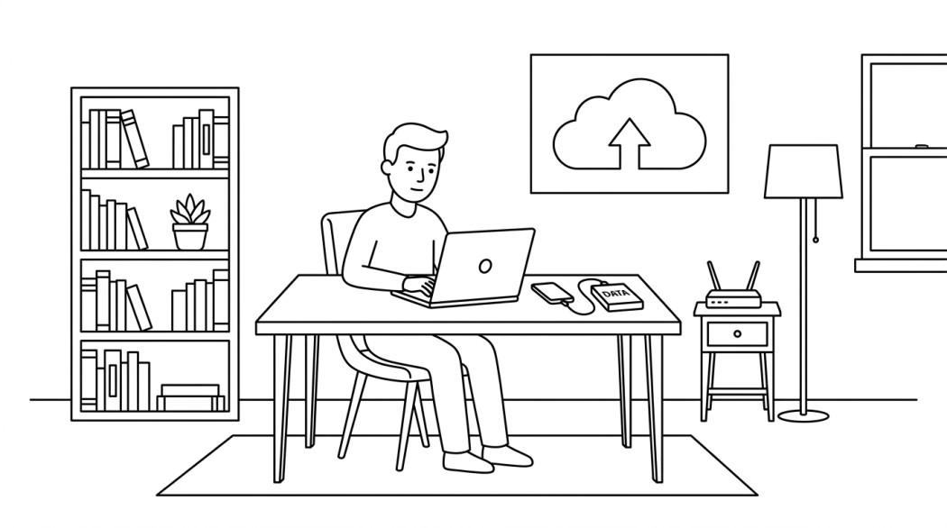 Black-and-white line illustration: a minimal Notion-style scene representing best data backup strategies for phones and pcs 2026.