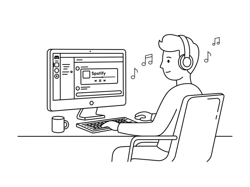 Black and white line illustration representing discord's built-in spotify session.