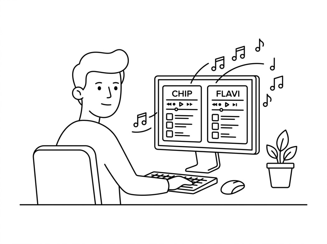 Black and white line illustration representing smaller picks: chip and flavibot.