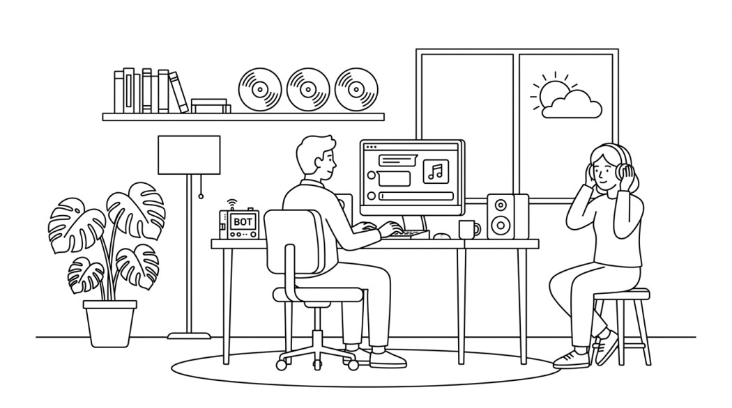 Black-and-white line illustration: a minimal Notion-style scene representing 7 best discord spotify bots to add music to your community.