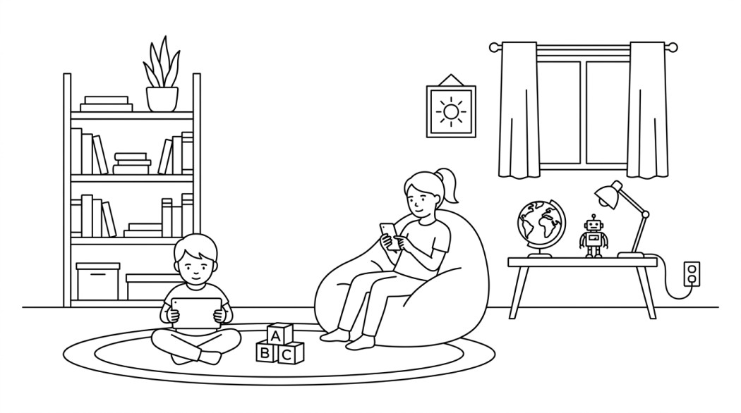 Black-and-white line illustration: a child with a tablet on a rug next to ABC blocks, an older sibling with a phone, a bookshelf, a globe and a robot toy; representing kids learning across ages 4 to 12.