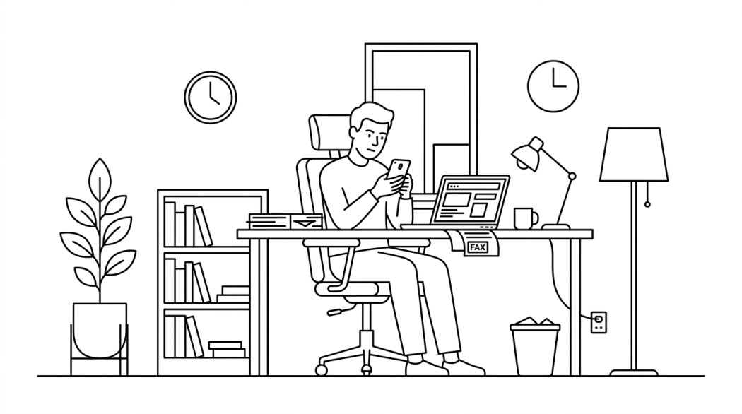 Black-and-white line illustration: a minimal Notion-style scene representing top 6 android fax apps for effortless document sharing.