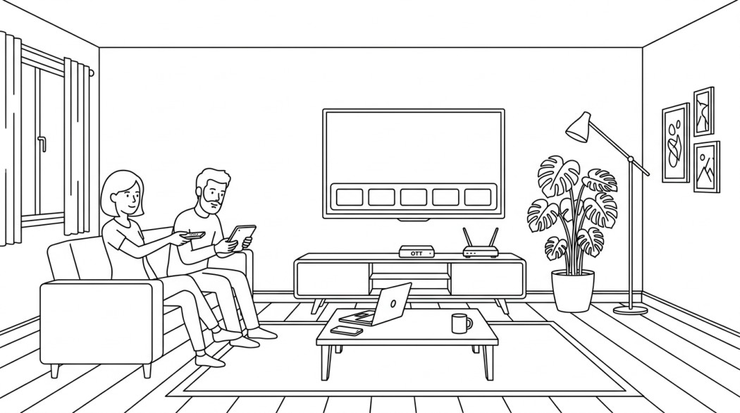 Black-and-white line illustration: a minimal Notion-style scene representing 7 best free thoptv alternatives to stream live tv & movies.