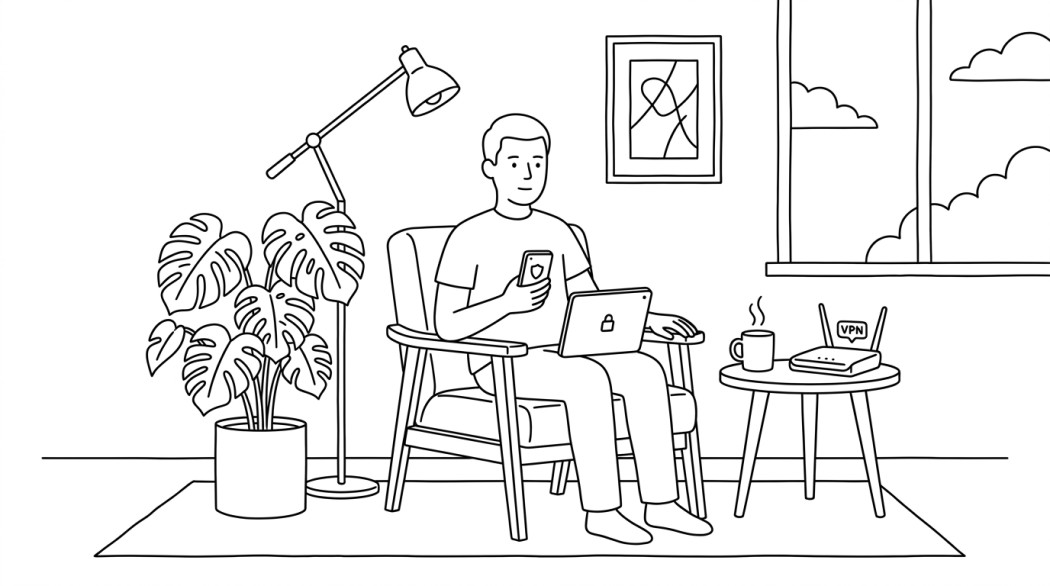 Black-and-white line illustration: a minimal Notion-style scene representing best free vpn options for android/ios: what’s worth downloading and what isn’t.