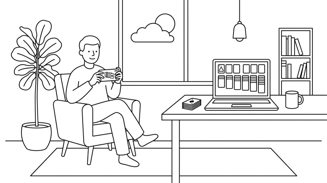 Black-and-white line illustration: a minimal Notion-style scene representing the best websites for playing freecell solitaire (free, no ads, mobile-friendly).