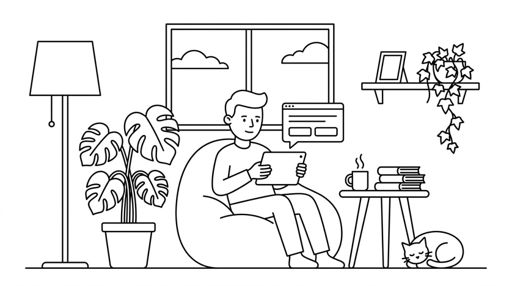 Black-and-white line illustration: a minimal Notion-style scene representing 7 best interactive story simulation games to try.
