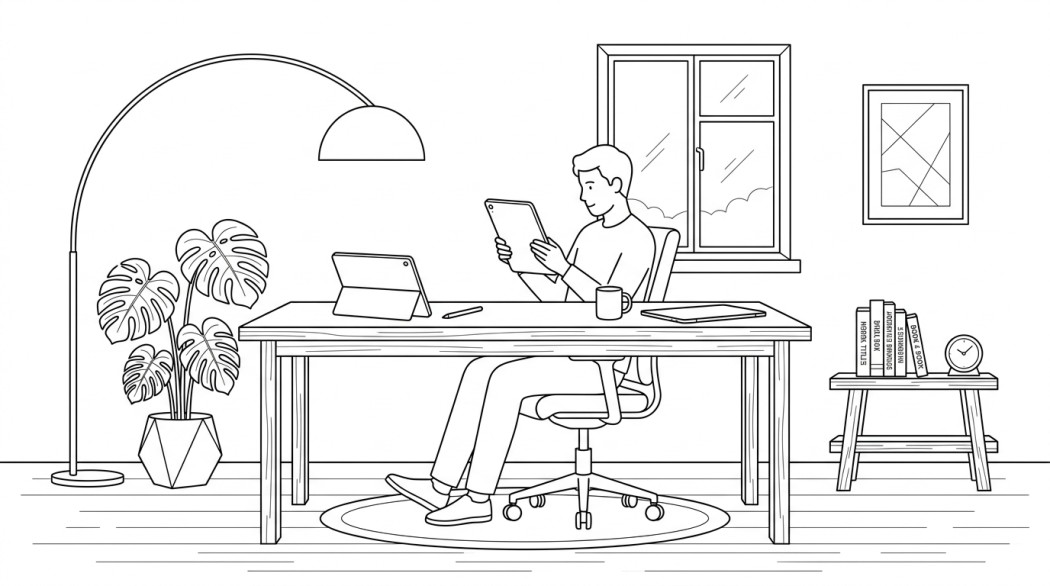 Black-and-white line illustration: a minimal Notion-style scene representing 10 best large android tablets (10 inch and up) on a budget.