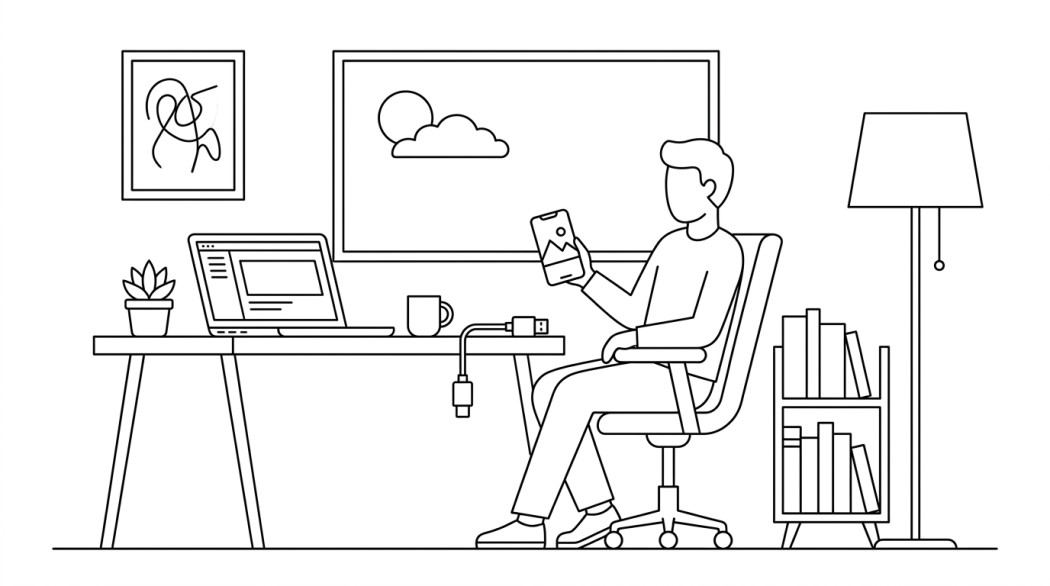 Black-and-white line illustration: a minimal Notion-style scene representing 10 best live wallpaper apps for android (without the battery hit).