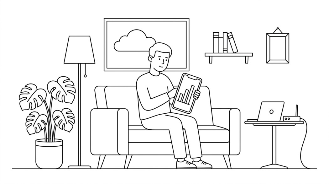 Black-and-white line illustration: a minimal Notion-style scene representing the best mobile data usage tracking apps for android.