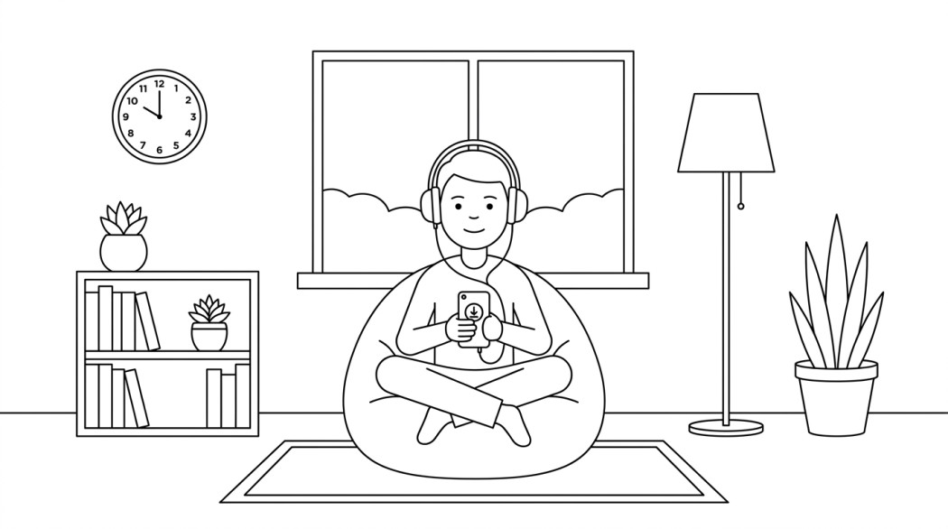 Black-and-white line illustration: a minimal Notion-style scene representing how to listen to music offline? 10 best offline music apps for android/ios.