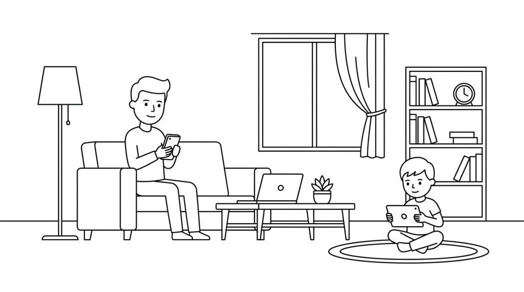 Black-and-white line illustration: a parent on a couch checking a phone while a child sits on the floor with a tablet, representing family screen time supervision.