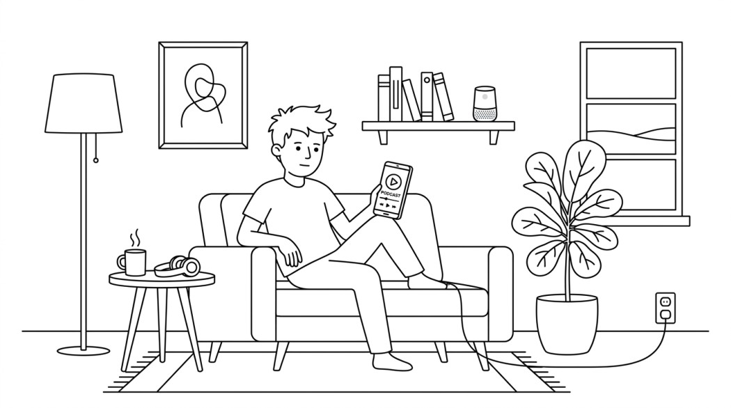 Black-and-white line illustration: a minimal Notion-style scene representing the best podcast apps for android after the google podcasts shutdown.