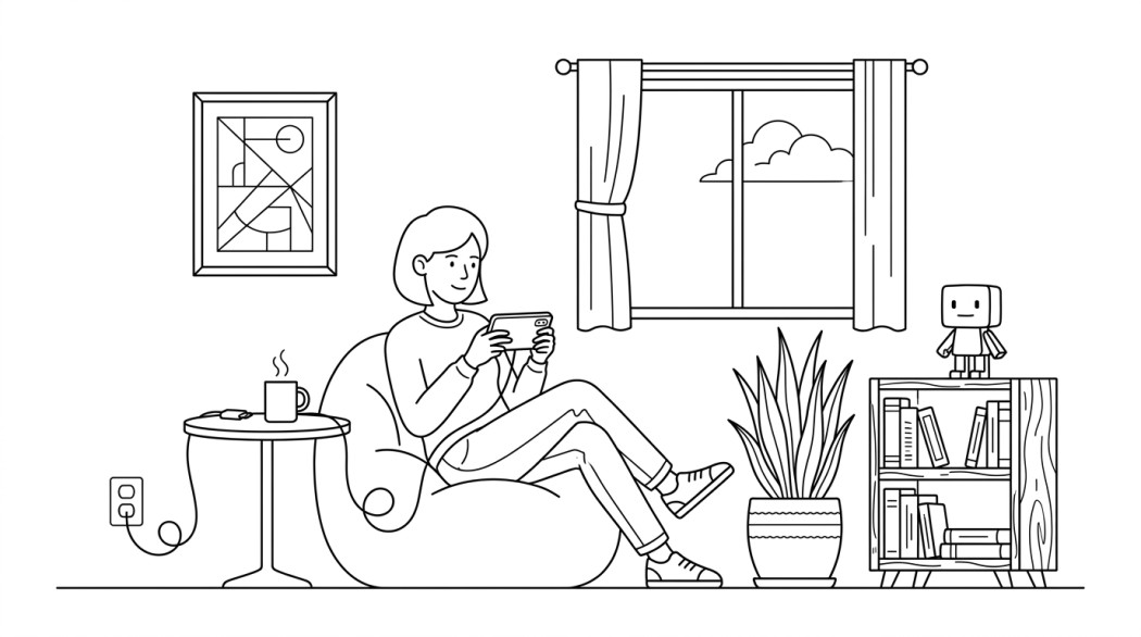 Black-and-white line illustration: a minimal Notion-style scene representing top roblox games worth playing on android.