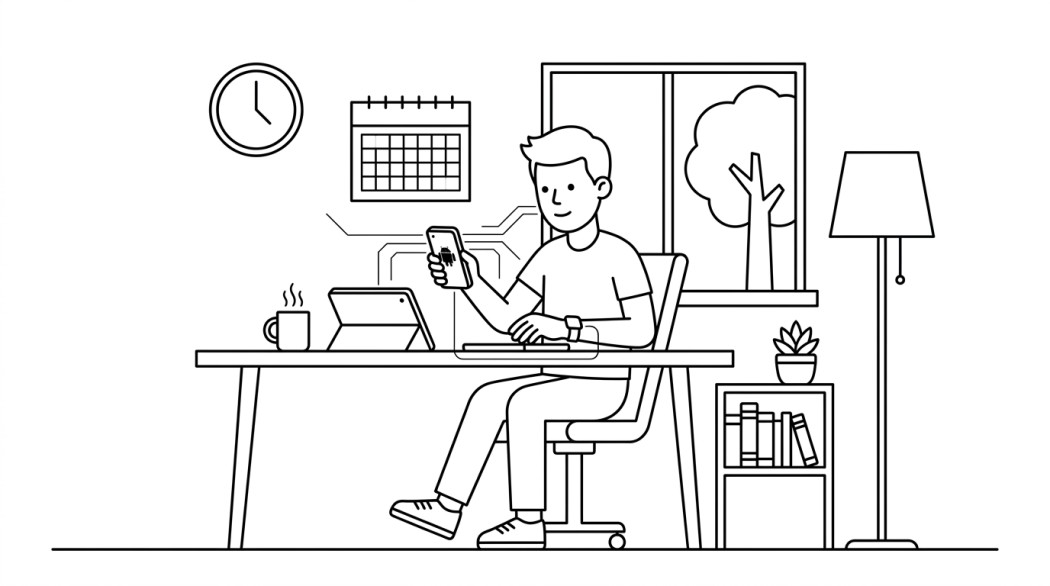 Black-and-white line illustration: a minimal Notion-style scene representing best android time management apps: the 4-app stack that actually works together.