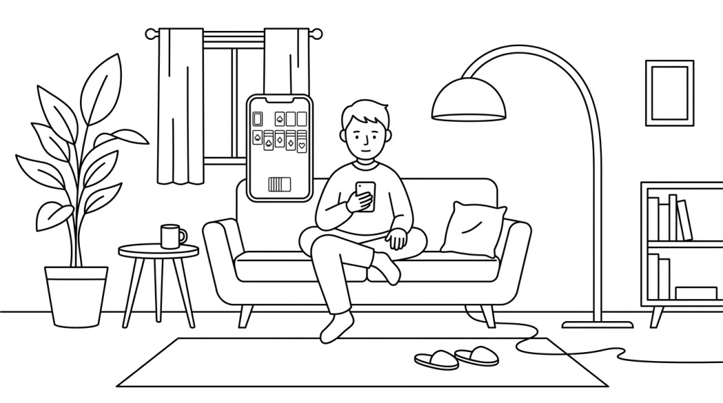 Black-and-white line illustration: a person alone on a couch playing a card-based mobile game on their phone, with a floating screen of card-game UI; representing solo single-player play.