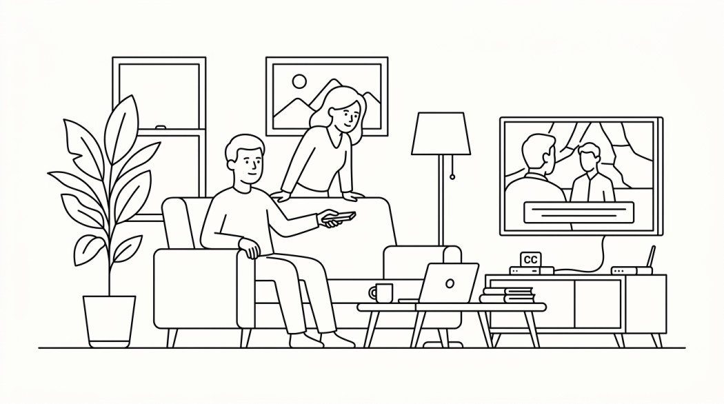 Black-and-white line illustration: a minimal Notion-style scene representing the best sites to download subtitles for movies and shows.