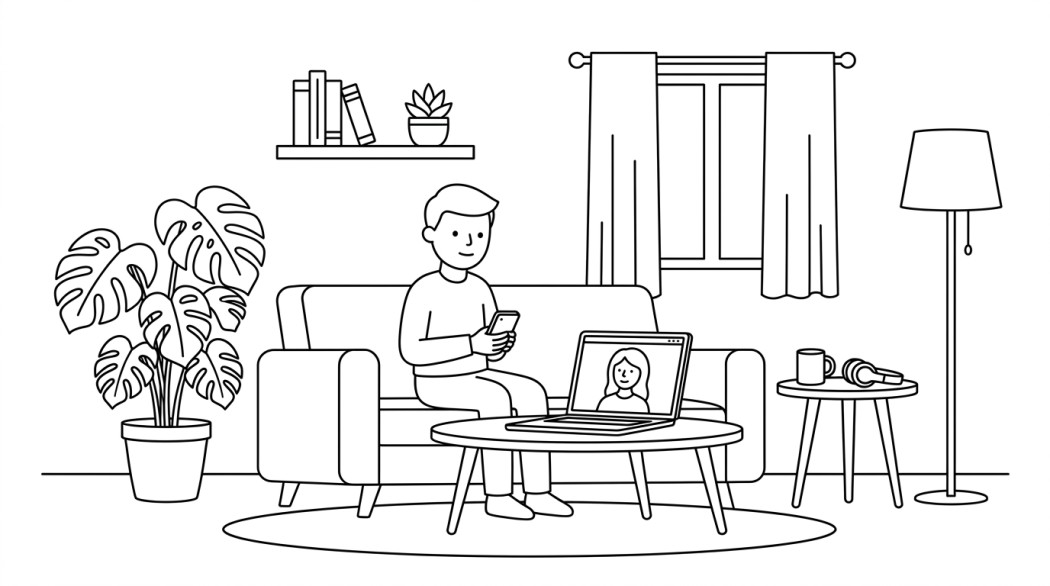 Black-and-white line illustration: a minimal Notion-style scene representing 7+ anonymous video dating apps & sites to talk to strangers.