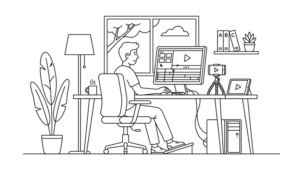 Black-and-white line illustration: a minimal Notion-style scene representing 10 best ai video enhancers (android, ios, and desktop companions).