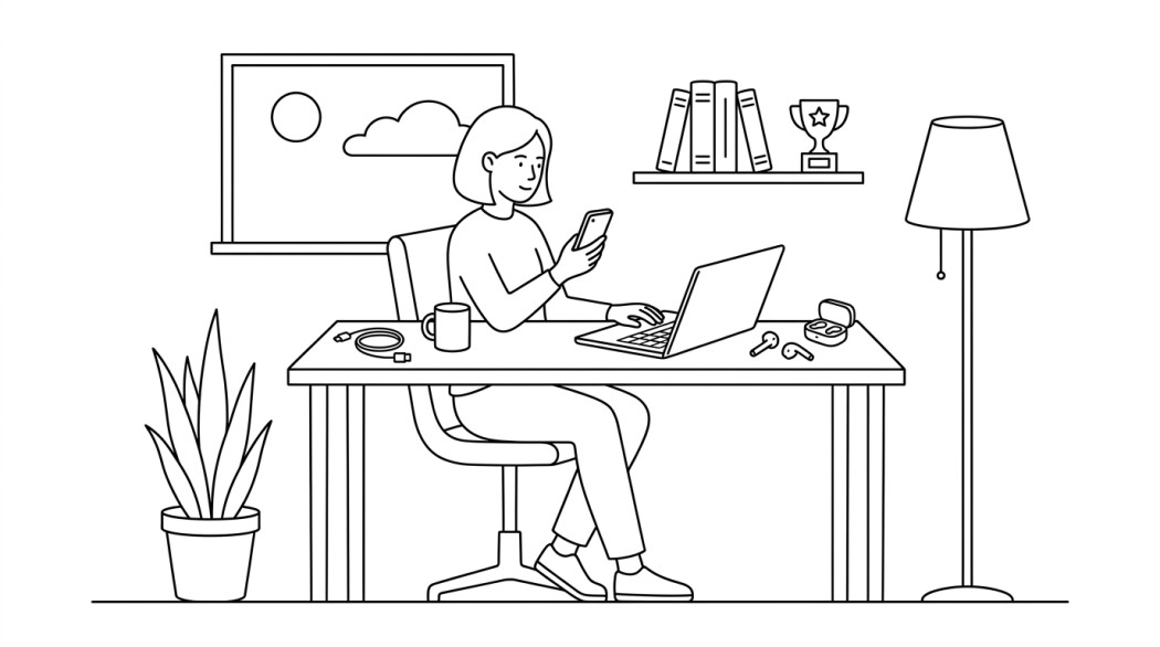 Black-and-white line illustration: a minimal Notion-style scene representing 10 best wireless earbuds for android under $30.