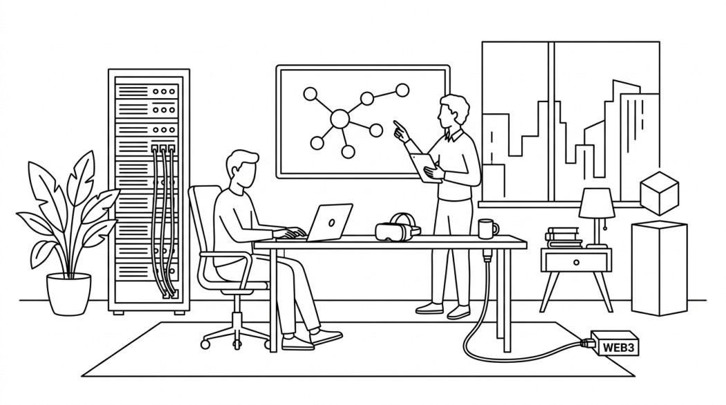 Black-and-white line illustration: a minimal Notion-style scene representing big tech’s web3 awakening: where things actually stand.