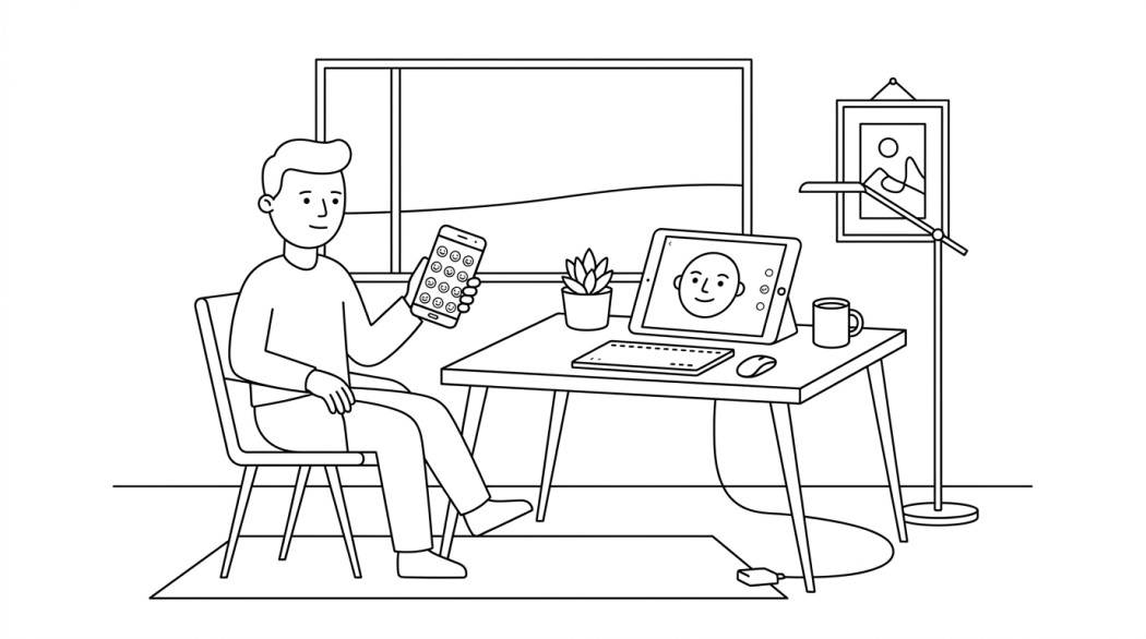 Black-and-white line illustration: a minimal Notion-style scene representing how to get bitmoji on android (gboard integration, snap stickers, and the genmoji alternative).