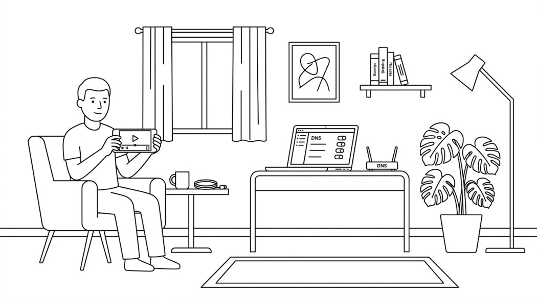 Black-and-white line illustration: a minimal Notion-style scene representing how to reduce youtube ads on android: the legitimate paths.