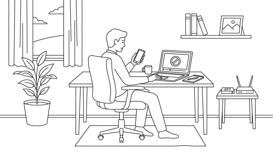 Black-and-white line illustration: a minimal Notion-style scene representing how to block youtube channels on android and web (native and third-party options).