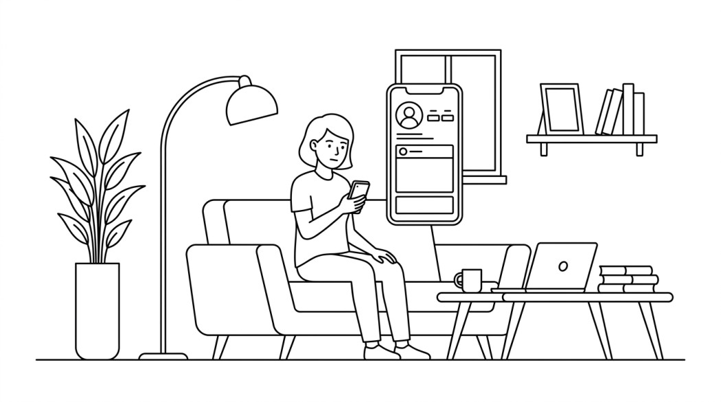 Black-and-white line illustration: a minimal Notion-style scene representing how to tell if someone blocked or restricted you on instagram.