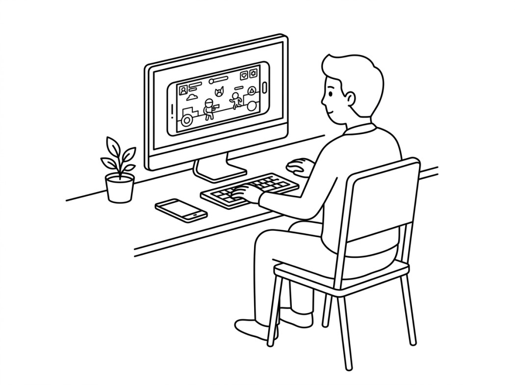 Black and white line illustration representing what bluestacks is good for.