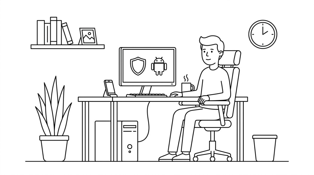 Black-and-white line illustration: a minimal Notion-style scene representing how safe is bluestacks? is it legal?.