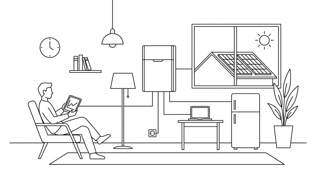 Black-and-white line illustration: a minimal Notion-style scene representing ces bluetti moves beyond the “bigger battery” race toward integrated energy ecosystems.