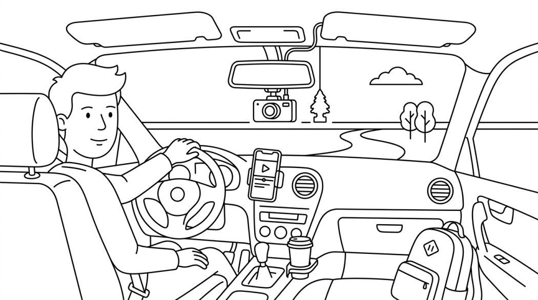 Black-and-white line illustration: a minimal Notion-style scene representing botslab g980h dash cam review: six months on the road.