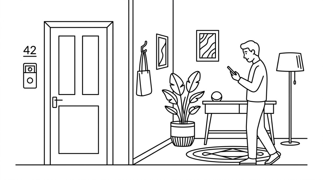 Black-and-white line illustration: a minimal Notion-style scene representing botslab r811 video doorbell review: a solid addition to your smart home.